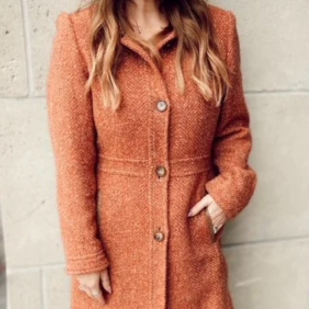 Women's Coach Wool Herringbone Coat in Camel/Rose.